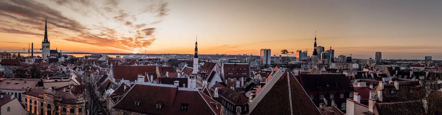 Takene i Tallinns gamleby med kirkespir i solnedgang