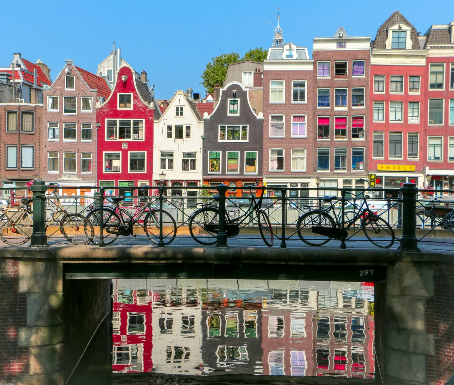 Kanalhus og sykler i Amsterdam