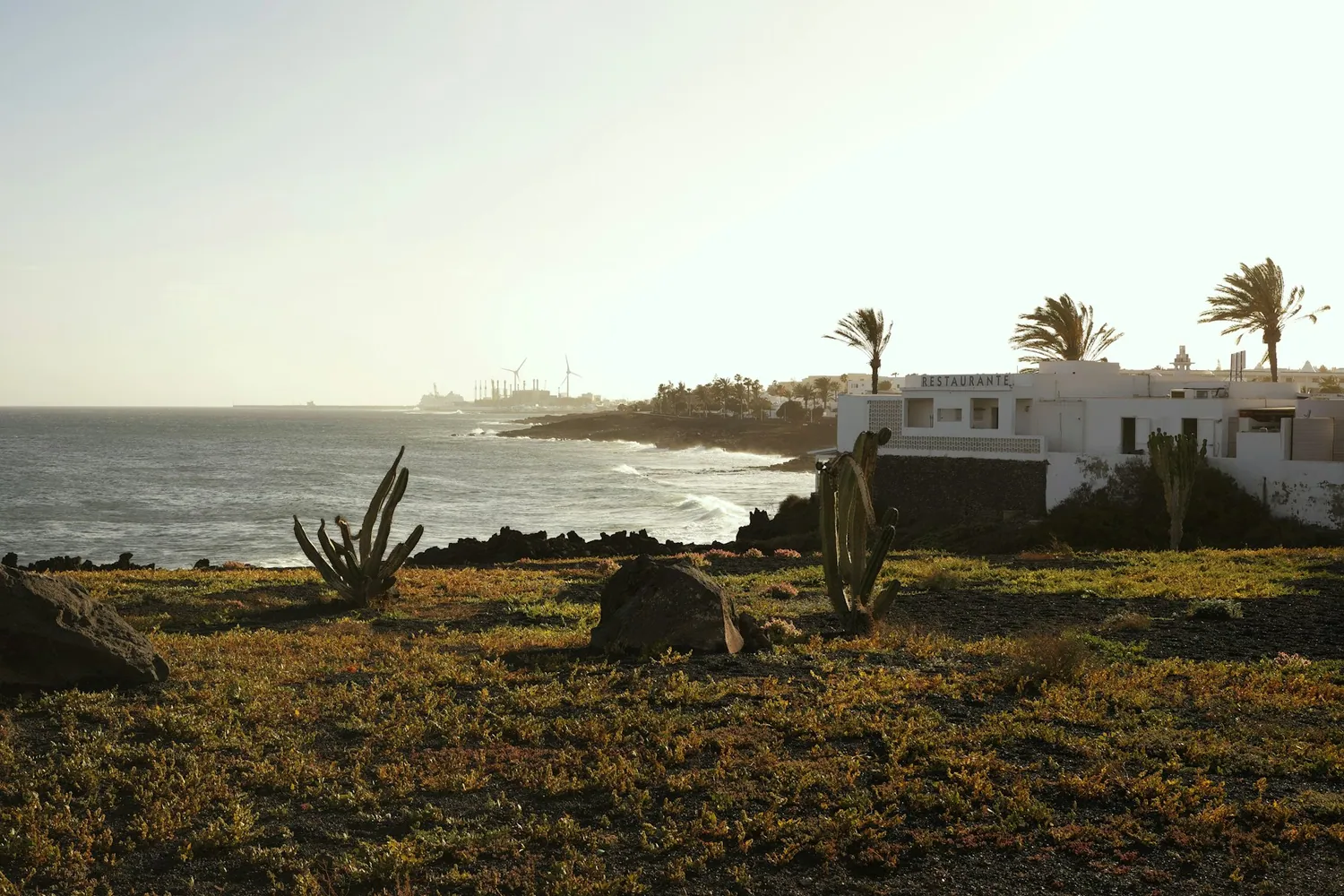 Vulkansk kystlandskap med hvite hus på Lanzarote