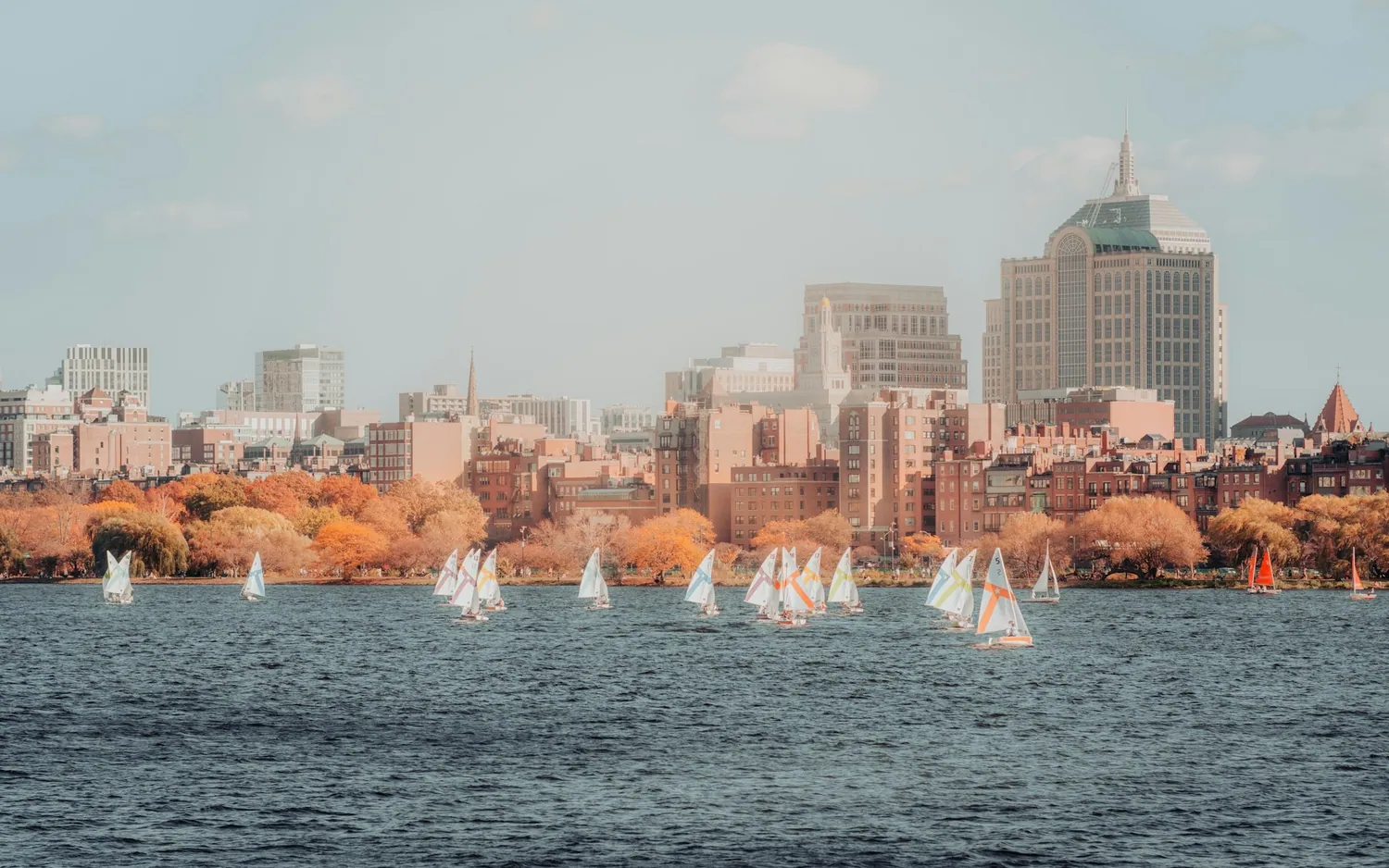 Bostons skyline med seilbåter på Charles River